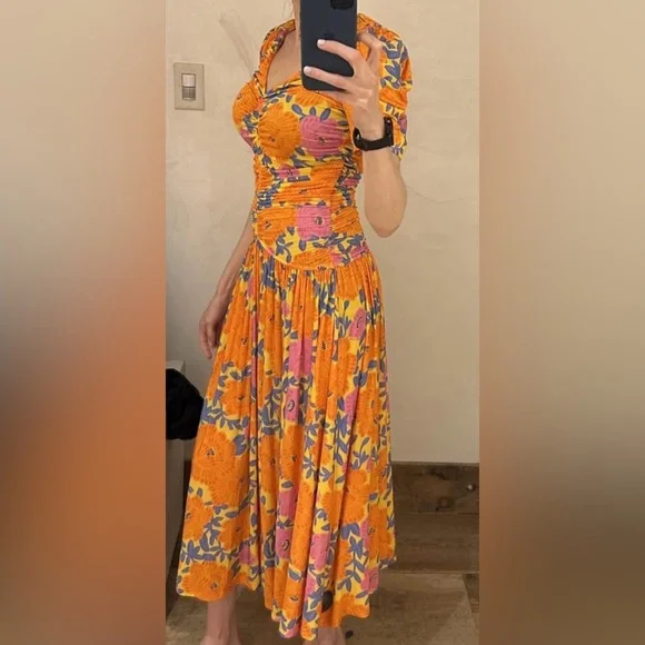 FARM Rio X Anthropologie short sleeve v neck ruched midi dress - Picture 2 of 14